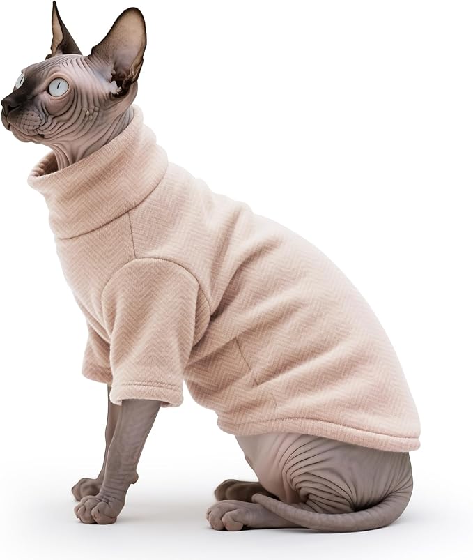 Idepet Sphynx Cat Warm Turtleneck Sweater Hairless Cats Shirt Pullover Kitten T-Shirts Thick Soft Fleece Clothes Cute Outfit Coat Pajamas for Cats and Puppy (Pink, Small)