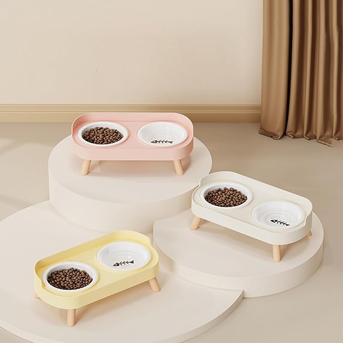 Elevated Double Bowl Ceramic Pet Food Bowls Nonslip Base Feeding Watering Dishes for Dog Cats Scratch Design Pet Food and Water Bowl