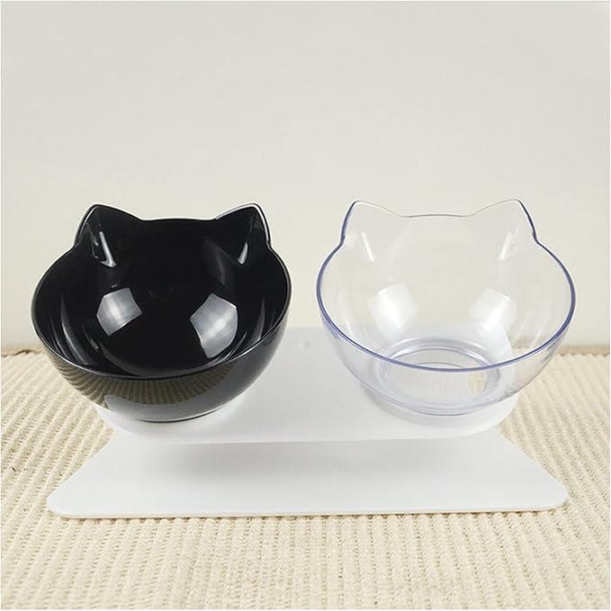 Cat Double Bowl Dog Non-Slip Food with Raised Stand Feeding & Watering Supplies Pet(Black x Transparent)