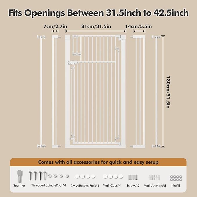 51-inch Extra Tall cat Door，Suitable for Stairs and doorways, Pressure-Mounted or Screw-Mounted, fits Widths of 31.5-42.5 inches, self-Closing, Extra Tall Design, Suitable for Cats and Dogs, White