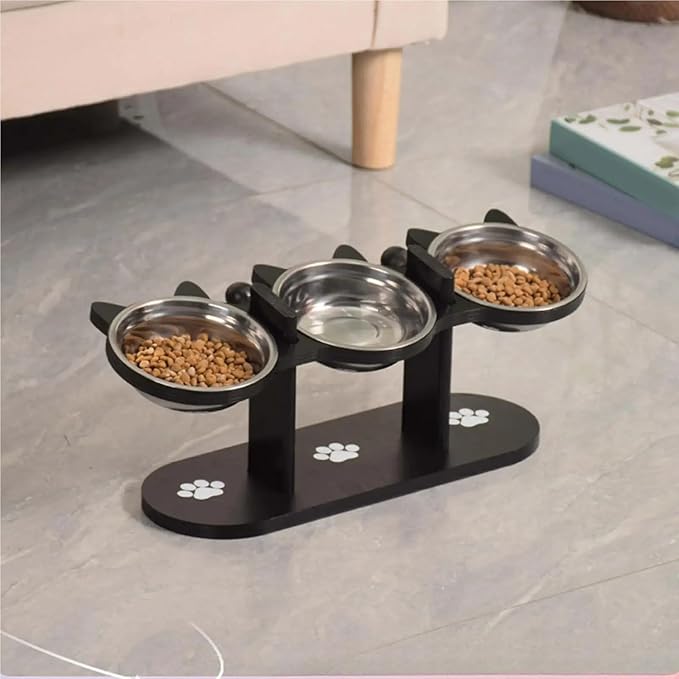 15° Tilt Elevated Stainless Steel Cat Bowl, Wooden Stand Pet Food Water Feeding Dish