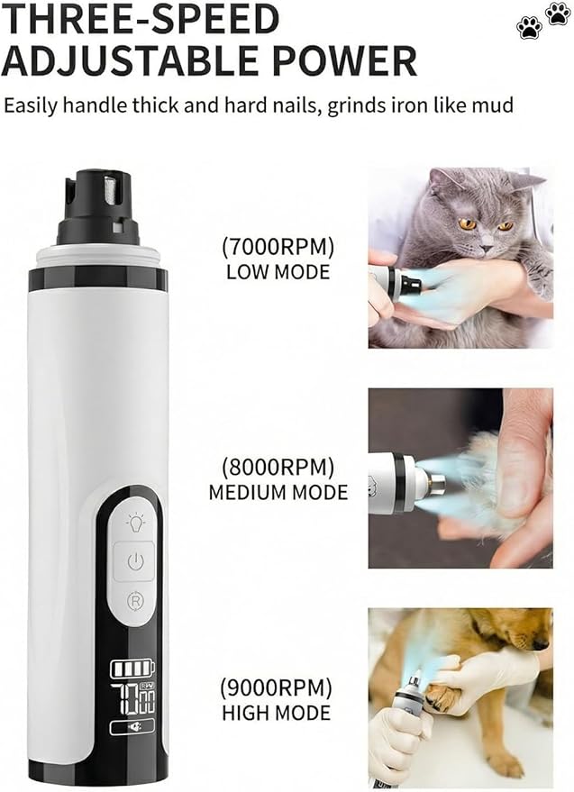 Silent Pet Nail Grinder Pro, 2025 New Dog and Cat Nail Trimmer with LED Light and 3 Speed Settings, Suitable for Thick and Long Nails(1+2*Replacement Head)