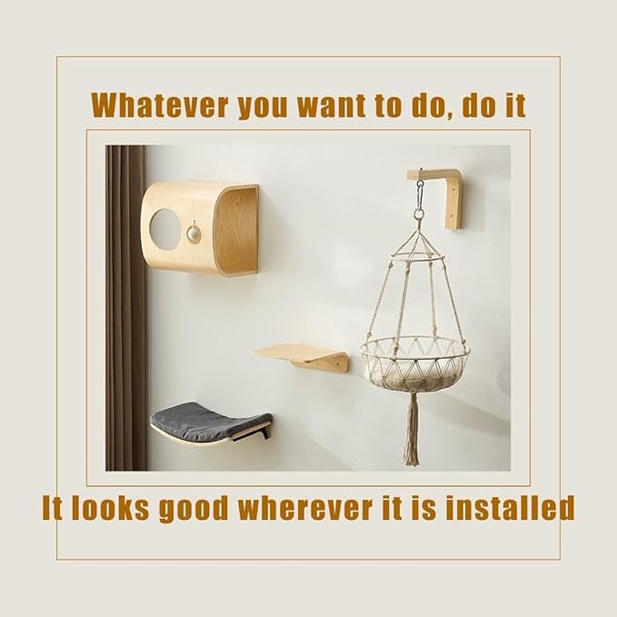 Soild Wood Round Wall Mounted Cat Bed Shelves, Cat Climbing Frame with Cushion, for Cats Sleeping, Playing, Climbing (D-Shaped Wood Color)
