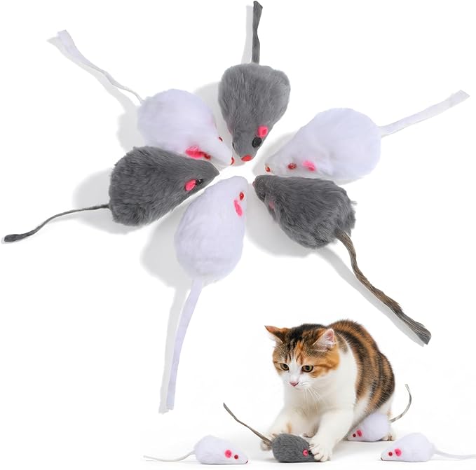 Vin Beauty 5 Pcs Faux Fur Rattle Mouse Cat Toy White and Gray Mice Animal Toy Realistic Fuzzy Toys Interactive Cat Toys Pet Supplies