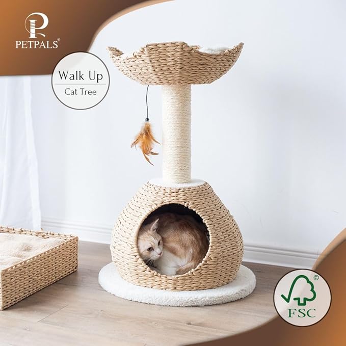 Petpals 28" High 2 Level Handwoven Paper Rope Nest Cat Bed and Large Handwoven Basket Hideaway with Washable Cushions,Replacement Natural Sisal Scratching Post for Indoor Cats