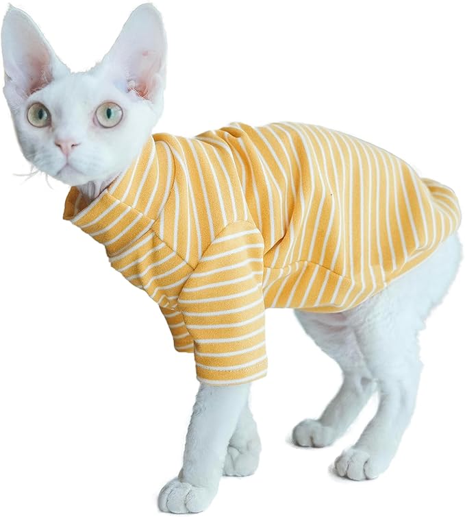 Sphynx Cats Warm Fleece Shirt Cat Turtleneck Undershirt Thermal Hairless Cat Clothes for Sphynx, Devon, Cornish Cat Clothes and Small Kitten and Dogs (Yellow Bold Stripe, Medium)