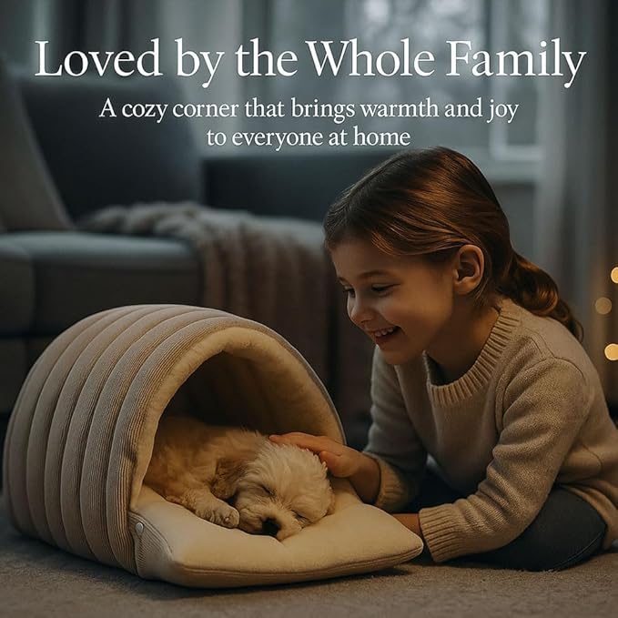 Panmall Cozy Cat Cave Bed, Enclosed Winter Cat House with Removable & Machine Washable Cover, Upgraded Warm Plush Cushion for Indoor Cats & Small Dogs (Beige)