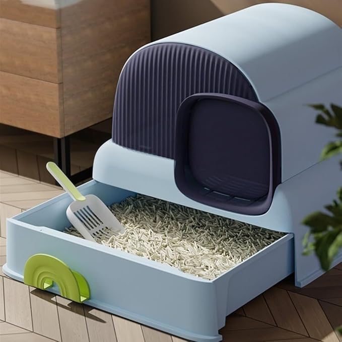 Pet Supplies, Enclosed Cat Litter Box with Hood & Drawer, Anti-Splash & Easy Clean(Blue)