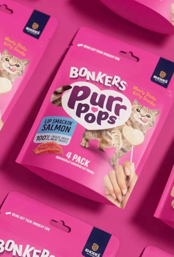 Bonkers Purrpops, Freeze Dried Salmon Flavored Lollipop Cat Treats, for All Breeds and Ages 8 Pieces (2 Packs) with Cat Spring Toys