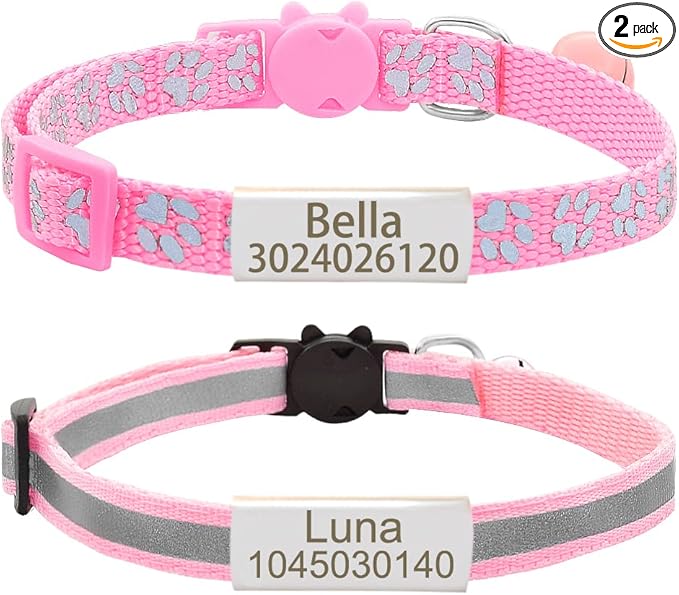Personalized 2 Pack Reflective Cat Collar,Custom Breakaway Cat Collars with Name Tag and Bell,Anti-Lost Nameplate Cat Collar for Girls & Boys (Pink,fit 8''-11.0'')