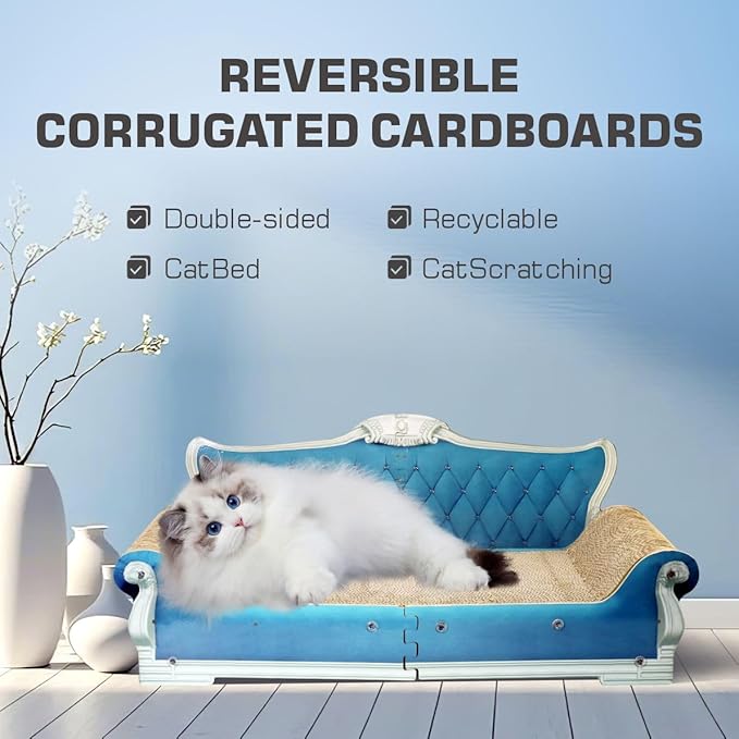 Extra Large Cat Scratcher Sofa Bed - 27.5" Durable Cat Couch & Scratching Board, Ergonomic Cardboard Lounge Furniture for Big Cats, Multi-Cat Households, Reversible Scratch Pad (Blue)