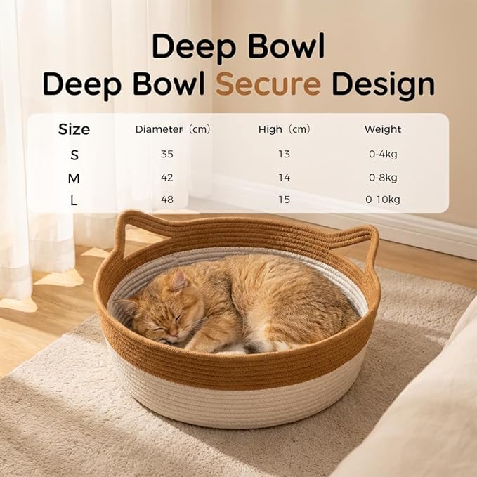 Stimulicat Hand Woven Cotton Rope Cat Bed Basket with Scratching Pad and Ball, Round Boho Pet Nest for Indoor Cats and Small Dogs, Natural Breathable, All-Season (Orange, Large)