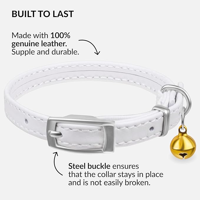 CollarDirect Leather Cat Collar with Removable Bell – Safety Elastic Strap (Breakaway Alternative) – Kitten Collar for Small & Big Boy & Girl Cats