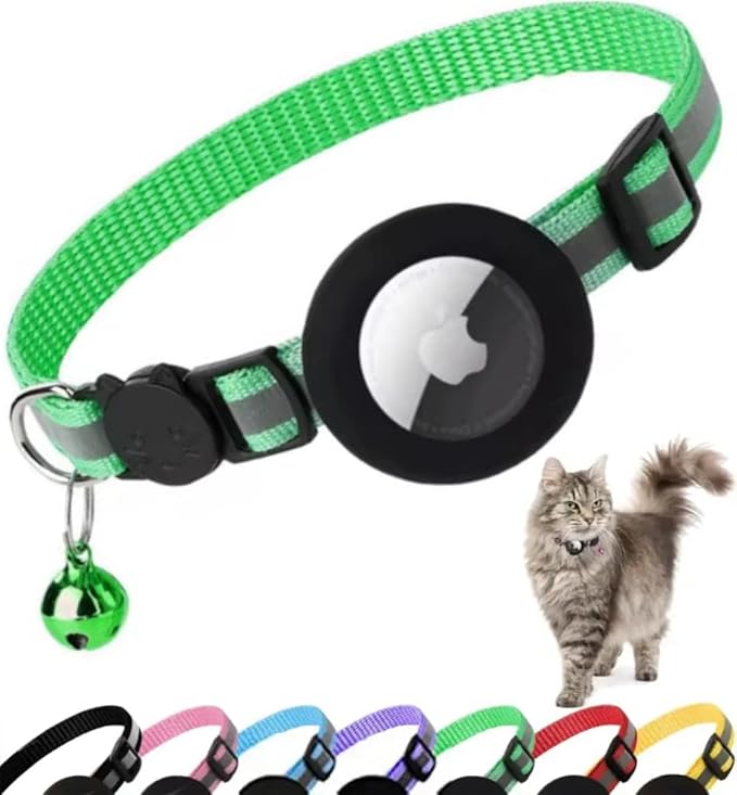 Airtag Cat Collar Reflective Kitten Collar with Apple Air Tag Holder and Bell for Tracking Girl Boy Cats - Breakaway Lightweight (Green)
