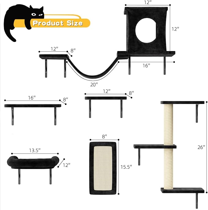 NUNU LAB Wall Mounted Cat Climber Set, 6 Pcs Cat Furniture Set with House, Bridge, Steps, Scratcher Board and Hammock, Shelves for Indoor, Luxury Walls Furniture, Black