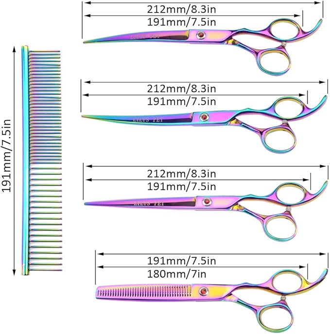 Professional PET DOG Grooming Coated Titanium scissors suit Cutting&Curved&Thinning shears (7.5 inches, Rainbow)…