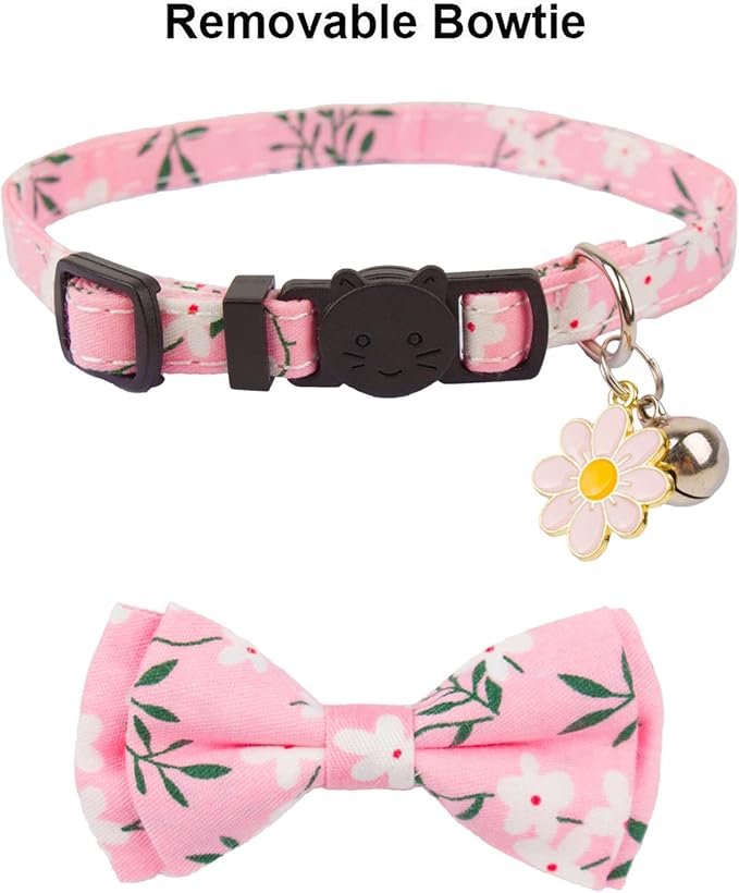 PTDECOR Pink Cat Collar Breakaway with Cute Bow Tie Bell Charm, Plaid Flower Cat Bowtie Collars for Cats Kittens (Pink)
