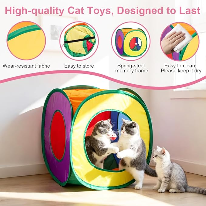 Retro Shaw Cat Toys Pack 33Pcs, Interactive Kitten Toys for Indoor Kittens Cats, Collapsible Kitty Play Tunnel Tent Feather Wand Balls Bell Springs Mouse Kitty Toys for All Breeds (Medium Tunnel)
