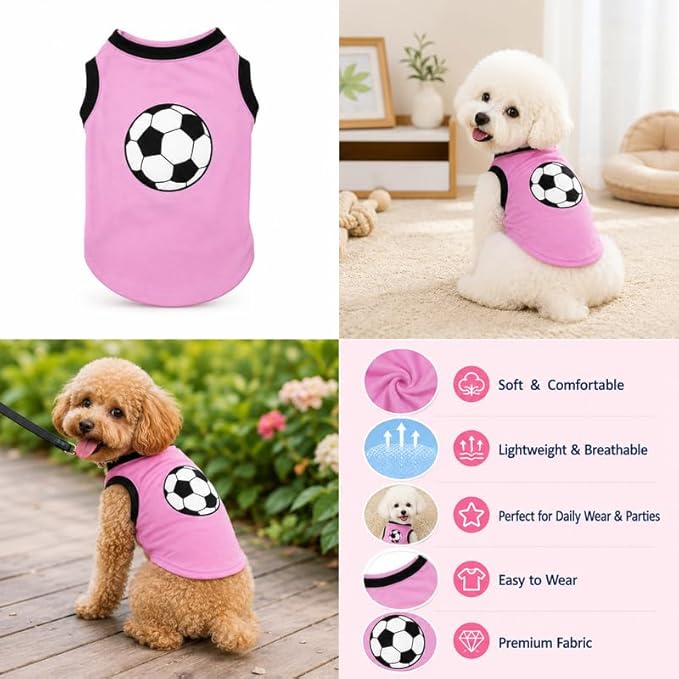 Petitebella Soccer Dog Shirt - Sporty Puppy T-Shirt with Soccer Ball, Breathable Soft Cotton Pet Clothes for Small Dogs Cats, Lightweight Summer Vest Apparel for Game Day Training (Pink, X-Large)