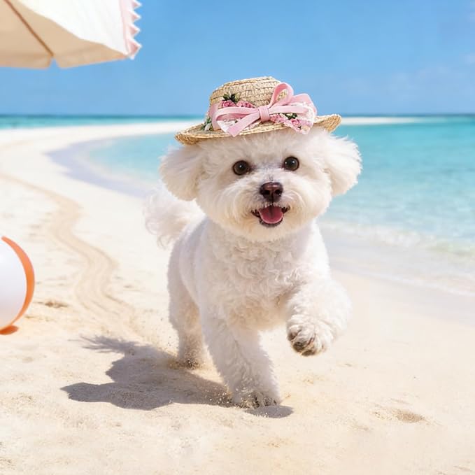 NACOCO Cat Hat Sunflower Straw Hat Handcrafted Rose Lovely Sun Cap Accessories for Small Dogs and Cats Photograph (S, Pink Flower Fairy)