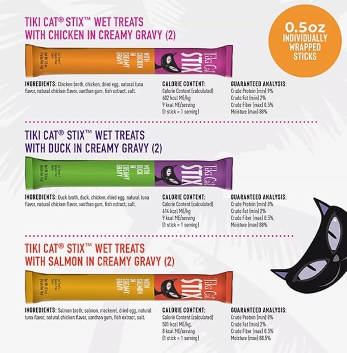 Tiki Cat Stix Wet Treats, Grain Free Lickable Smooth Mousse Blend in Creamy Gravy with Chicken, Duck and Salmon Variety Pack 6 Stix in 1 Pouch Plus 1 Cat Pom Pom Balls Toy