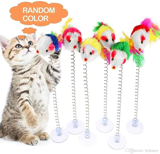 KABB 3 Pcs Cat Toy Spring Toy Elastic Spring Mouse Feather Plush Interactive Intelligence Toys with Sucking, Random Color