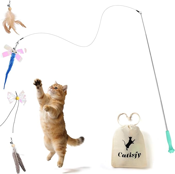 Cat Wand Toy – Retractable Wand with 4 Feather Toy Refills for Indoor Cats Enrichment, Interactive Cat Toy for Bored Adult Cats and High-Energy Kittens (HuntMaster)