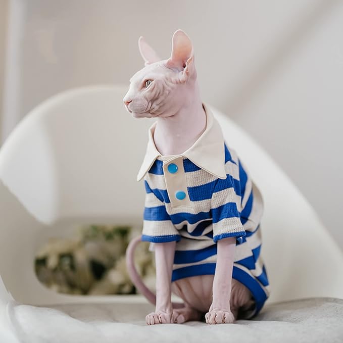 Sphynx Cat Shirt Cotton Hairless Kitten Polo T-Shirt with Sleeves Pullover Cat Pajamas for Sphynx Cornish Rex, Devon Rex, Peterbald (Blue White Polo, XX-Large)
