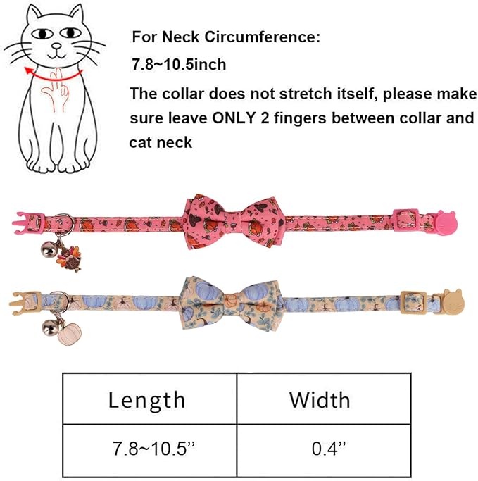 PTDECOR Thanksgiving Cat Collar Breakaway with Bow Tie Bell, Turkeys and Pumpkins Pattern Collar, Thanksgiving Bowtie Collars for Cats Kittens
