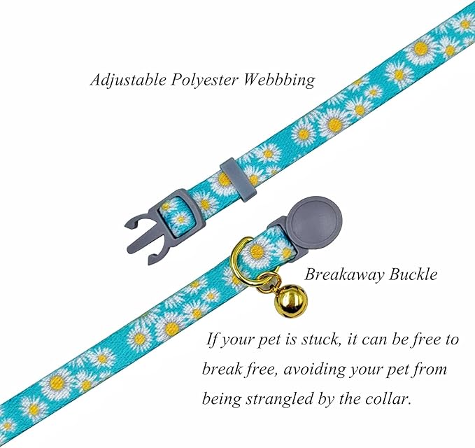 3 Pack Cat Collar, Daisy Floral Pattern, Breakaway Safe Release Buckle, Clear Bell, Polyester Material, for Adult Cats.(Daisy)