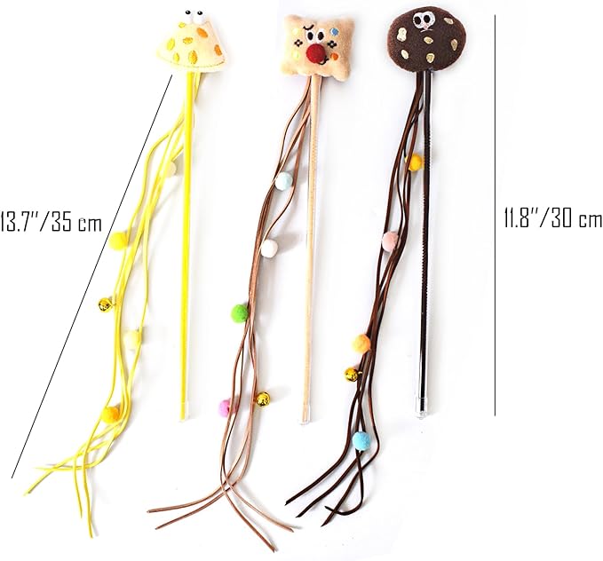 Cat Wands for Indoor, Interactive Teasing Stick Plush Cheese & Toast with Tassel Balls Cute Kitten Wand Safe Kitty Toy for All Breed Size