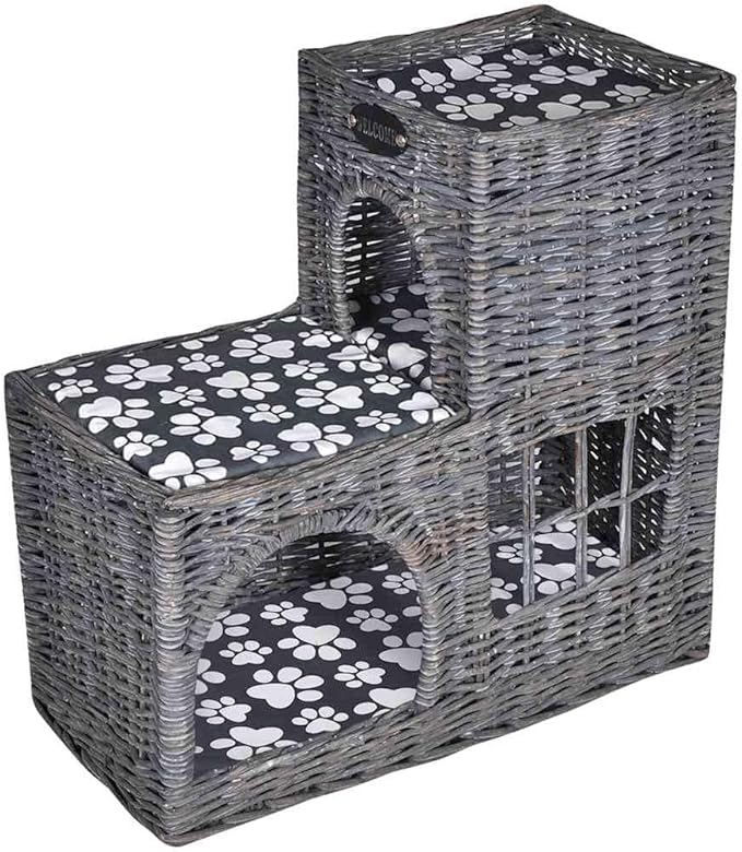 Cat House Willow Wicker Cave with Soft Cushions, Indoor Outdoor Pet Bed for Small Cats and Dogs, Lightweight Scratch Resistant Enclosed Shelter, Grey