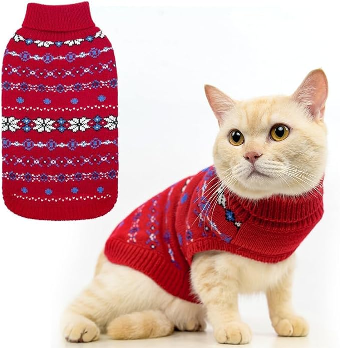 BINGPET Cat Clothes Turtleneck Knitted Sleeveless Cat Sweater,Cute Cat Outfit Soft Turtleneck Knitted Kitten Puppy Apparel with Snow Pattern,Sphynx Cat Clothes for Cold Weather