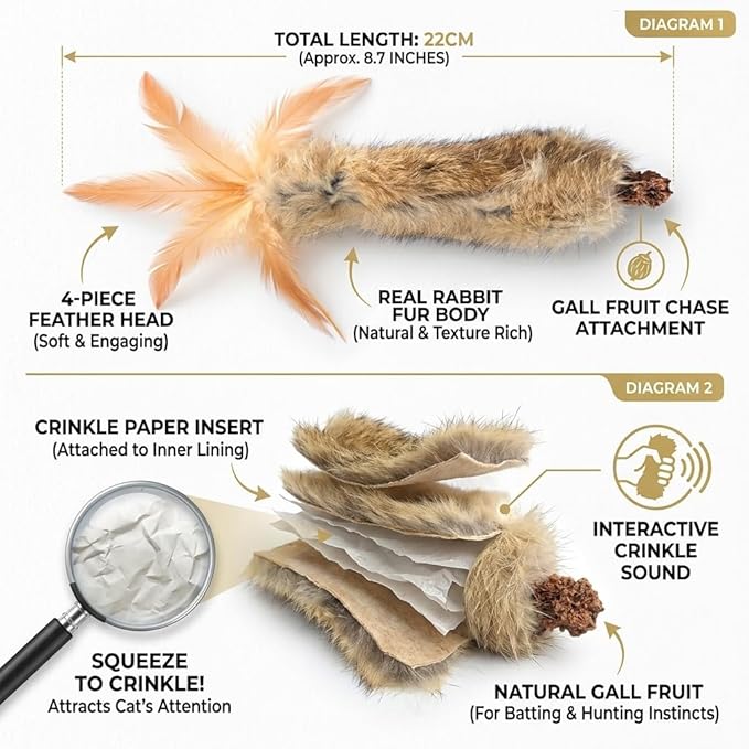 Cat Toys with Real cat Fur Feather,6pcs Kitten Catnip Toy Gall Fruit Treat & Crinkle Paper for Kicking Teeth Cleaning & Stress Relief for Indoor Cats Interactive Christmas Birthday Gift