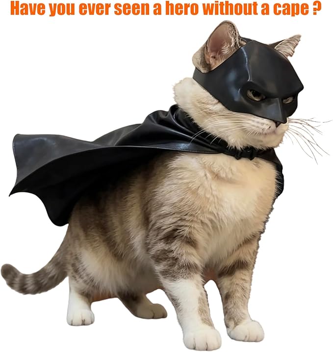 Lamiarga Cat Costume for Cat and Cat Mask Cosplay Set, Black Leather Cape Outfit for Halloween, One Size Fits All Cat Breeds
