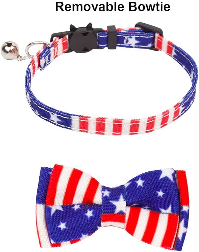 ADOGGYGO American Flag Cat Collar with Removable Bowtie Bandana, Breakaway Patriotic Kitten Collars for Cat Kitten (4th of July)