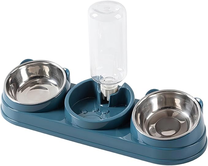3 Bowl Cat Feeding Station Cat Food and Water Bowl Set, 3 Feeding Station with Automatic Water Dispenser, Elevated Tilted Bowls for Easy Eating, Dark Blue
