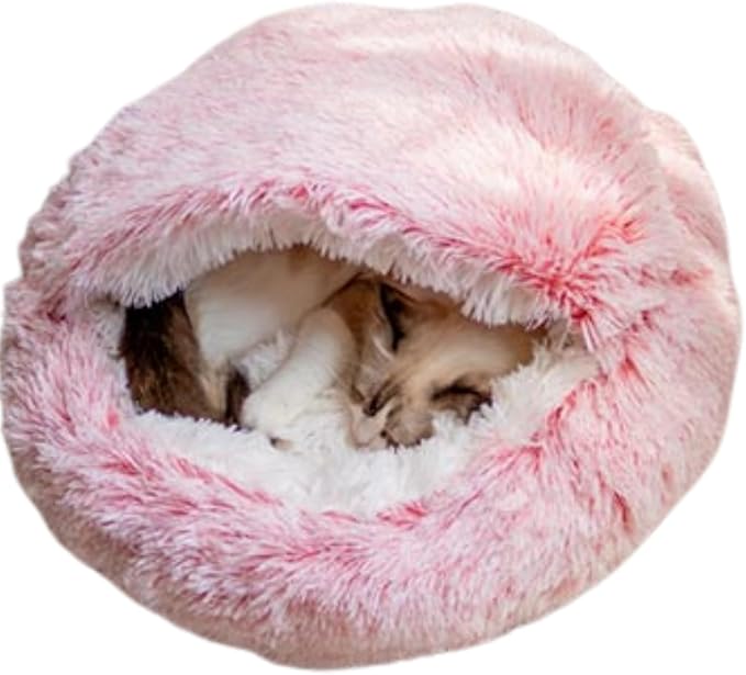 Cat Bed, Plush Hooded Cat Beds for Indoor Cats, Calming & Self Warming Cat Bed Cave, Cozy for Indoor Cat or Small Dog Bed, Removable & Washable with Non-Slip Bottom (Pink,Large)