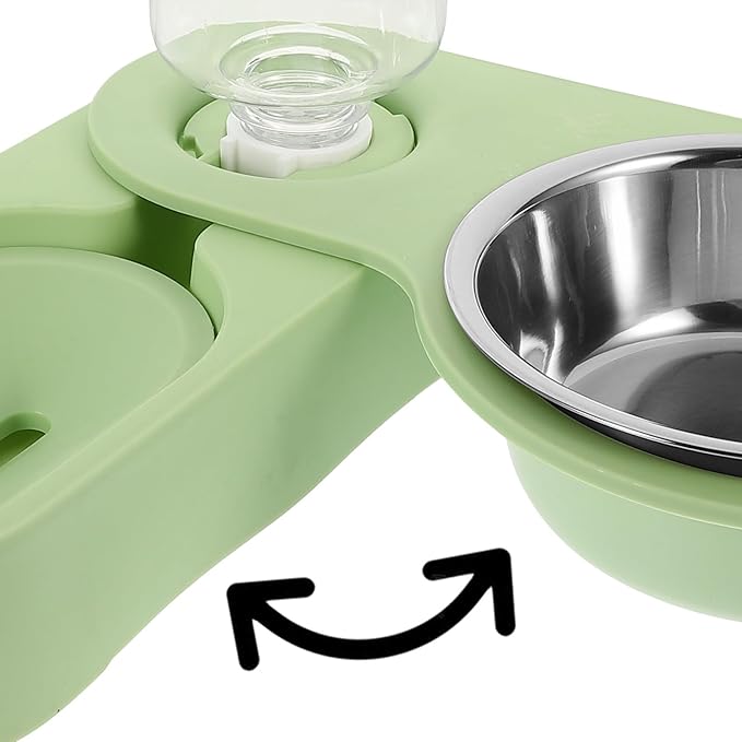 Toyvian Stainless Steel Double Cat Bowl Rotatable Corner Foldable Pet Feeder with Green Bowls for Indoor Cat Feeding and Watering