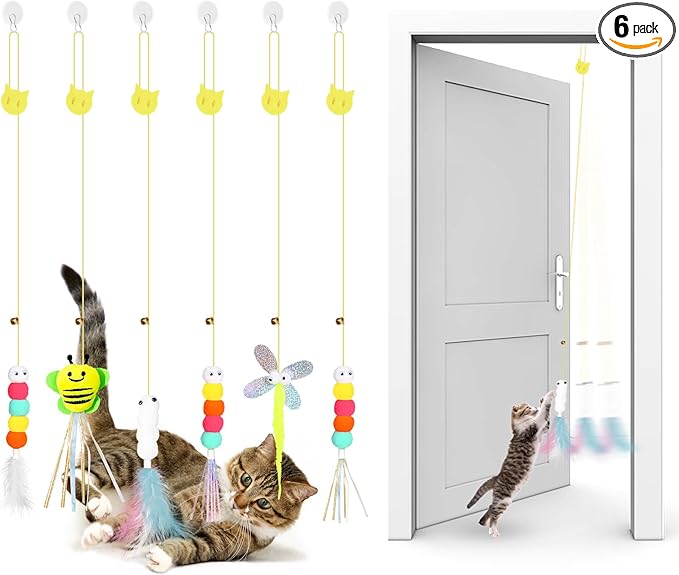 Kerros Interactive Hanging Cat Toy 6 Pcs, Plush Feather Cat Door Toys for Indoor Cats Kittens Self Play Toys for Swatting, Biting, Hunting, Exercise