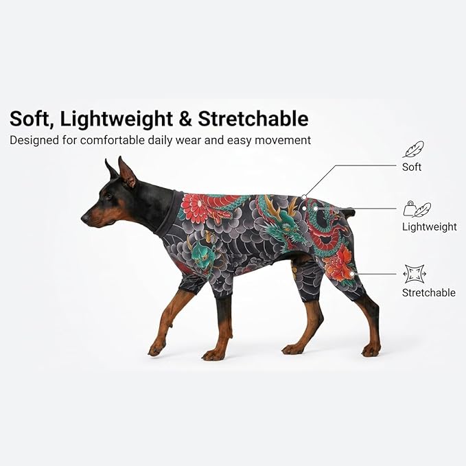 Dog Tattoo Bodysuit, Soft Stretch Pet Jumpsuit for Dogs & Cats, Breathable Tattoo Print Outfit for Photos, Parties, Daily Wear & Shedding Control (XL)