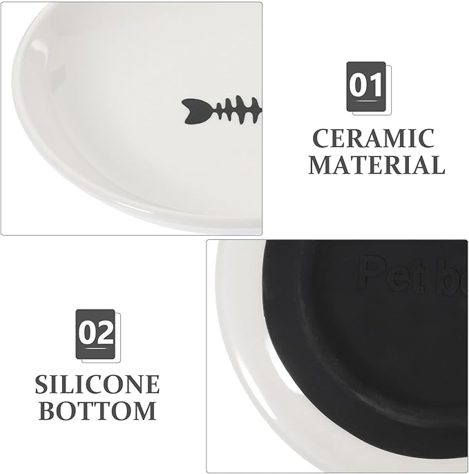 3pcs Shallow Small Cat Food Bowls with Nonslip Black Silicone Bottom Round Ceramic Cat Feeder Dishes for Safe Indoor Feeding and Watering