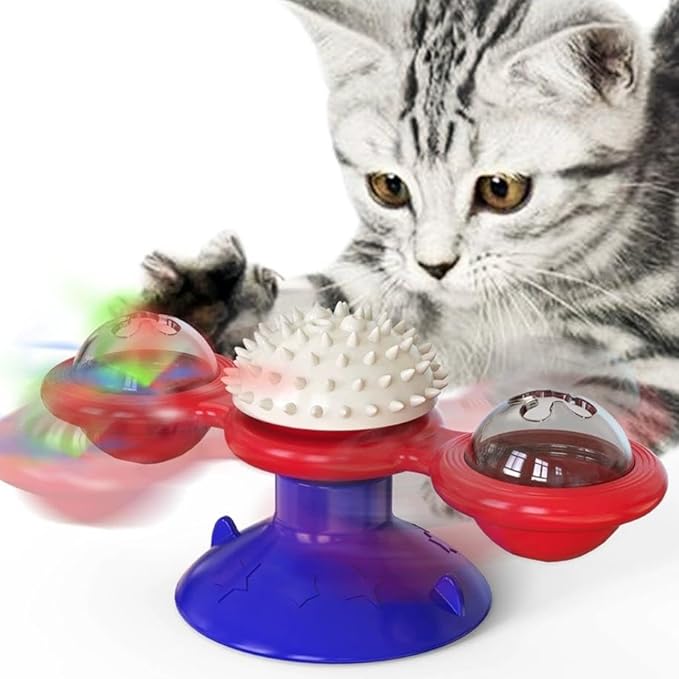 Interactive Windmill Cat Toy with LED Light Ball & Suction Cup – Rotating Catnip Toy for Indoor Cats, Mental Stimulation & Exercise-Blue