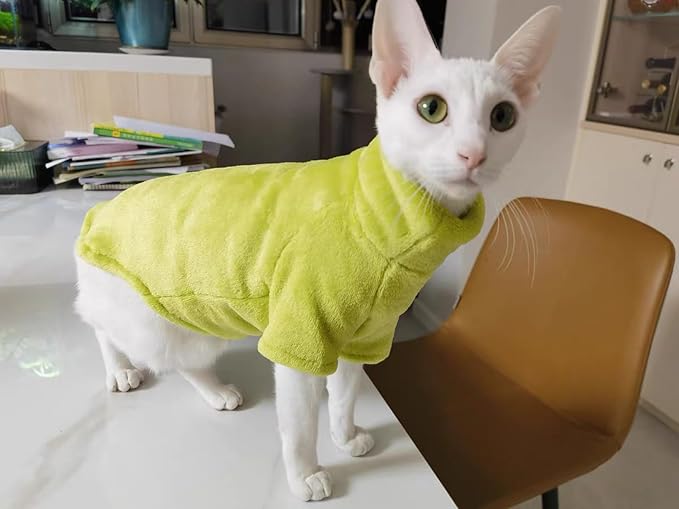 Sphynx Cat Clothes Winter Turtleneck Soft Coral Fleece Cat Clothes Thicken Warm Pajamas Coat for Hairless Cats and Small Cat Apparel with Sleeves (Avocado Green, XL (9.3-12.7lbs)