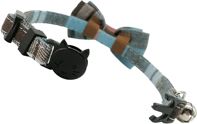 2 Pack/Set Cat Collar Breakaway with Cute Bow Tie and Bell for Kitty and Some Puppies, Adjustable from 7.8-10.5 Inch (Cyan-Blue+Blue-Gray, Plaid)