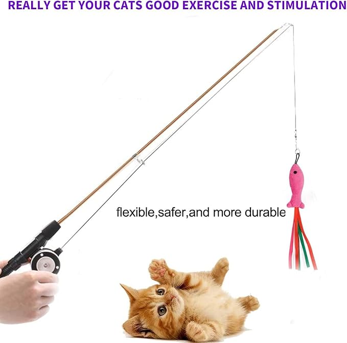 Retractable Cat Teaser Wand Toy, Cat Toys for Indoor Outdoor Cats Interactive Fishing Rod with 6 Pcs Refills Feather Toy, Caterpillar Butterfly & Fish