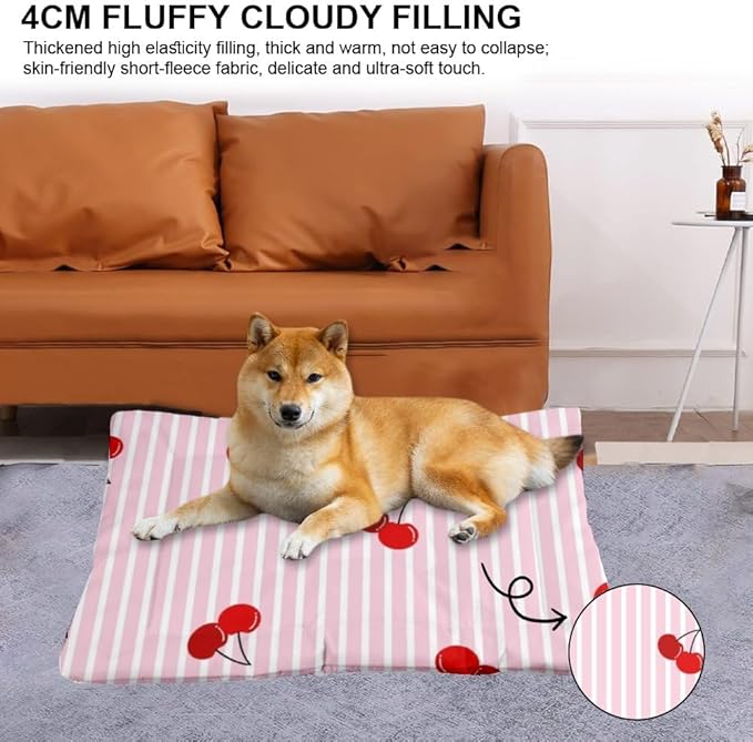 Cute Red Cherries Dog Pet Mat Non Slip Bottom Tough Dog Bed Chew Proof Crate Pad Room Furniture Multi Scenario Multi Model Cat Bed Pad Gift Printed Outdoor 24× 18 Inch