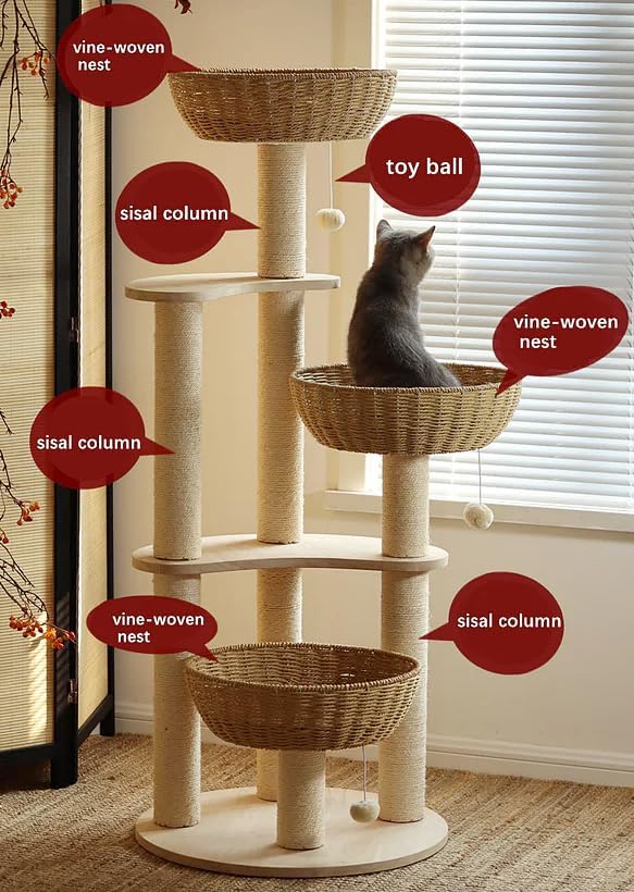 Modern Wood Cat Tree for Large Cats,Luxury Rattan Oak Solid Cat Trees Towers，3 Weaving Cat Nests & Washable Cushions, Sisal Scratching Posts,Cat Condo for Indoor Cats, Varnish, Easy Clean (Large-O1)