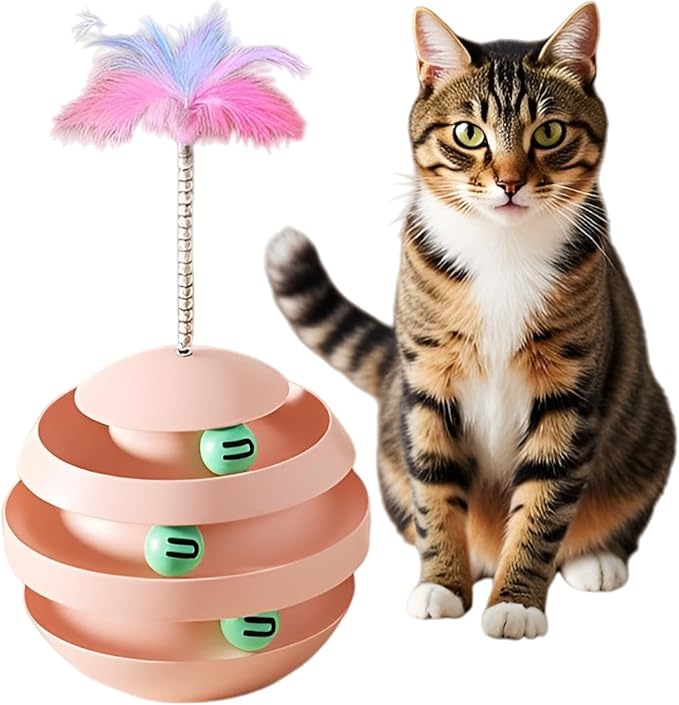 Interactive Cat Toy, Automatic Spinning Cat Toy for Indoor Cats, Engaging Kitten Toy with Feather for Exercise & Mental Stimulation, 3-Layer Cat Ball Track Durable Safe Toy to Reduce Boredom(pink)