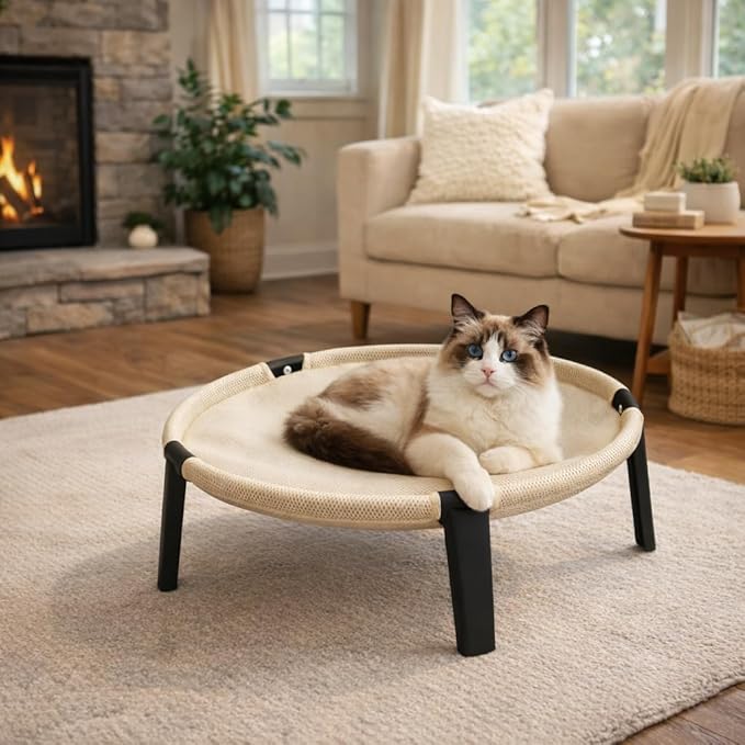 Elevated Cat Hammock Bed, Breathable Mesh Raised Cat Lounger, Removable Washable Mesh(Cream)
